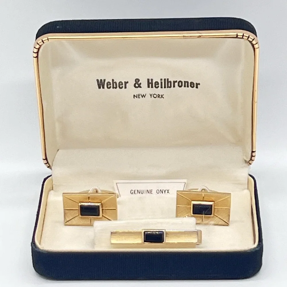 Vintage Swank Genuine Onyx Gold Tone Cufflinks Tie Clip Weber Heilbroner Box